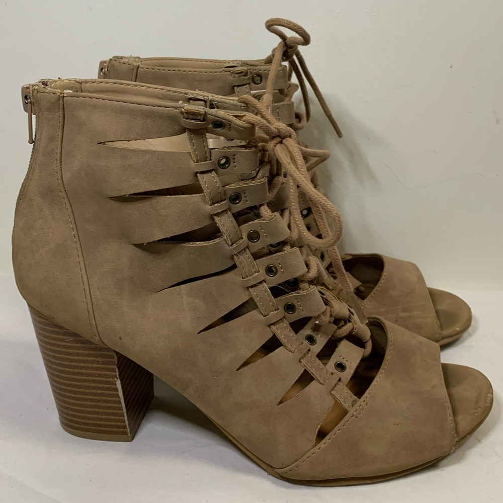 SOLD Heeled Sandal Booties Lace Up Cutouts Nude Block Heel 8.5 Suede